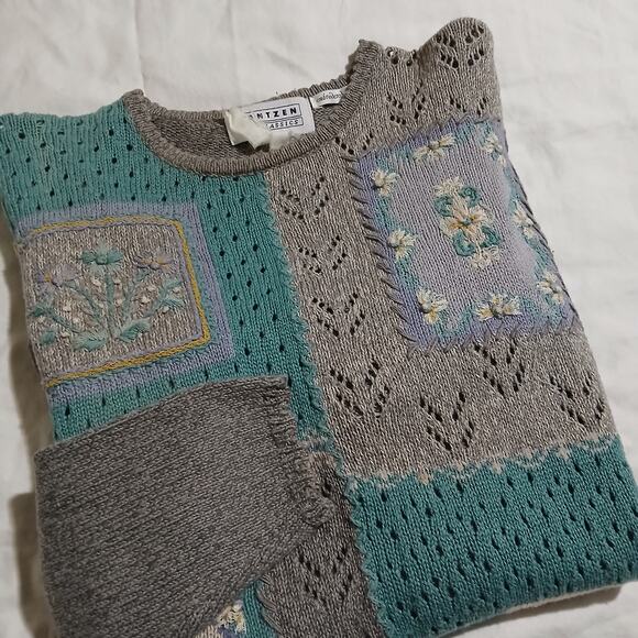 VTG Jantzen Classic Color Block Sweater Embroidered By Hand L/XL Grey/Aqua - Picture 9 of 16